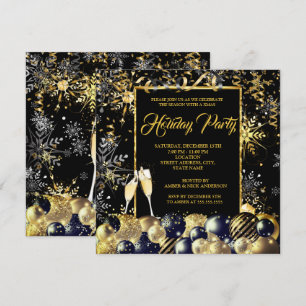 Christmas Party Gold Black Snowflakes Holiday Invitation