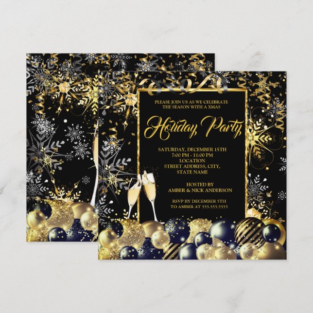Christmas Party Gold Black Snowflakes Holiday Invitation (Front/Back)