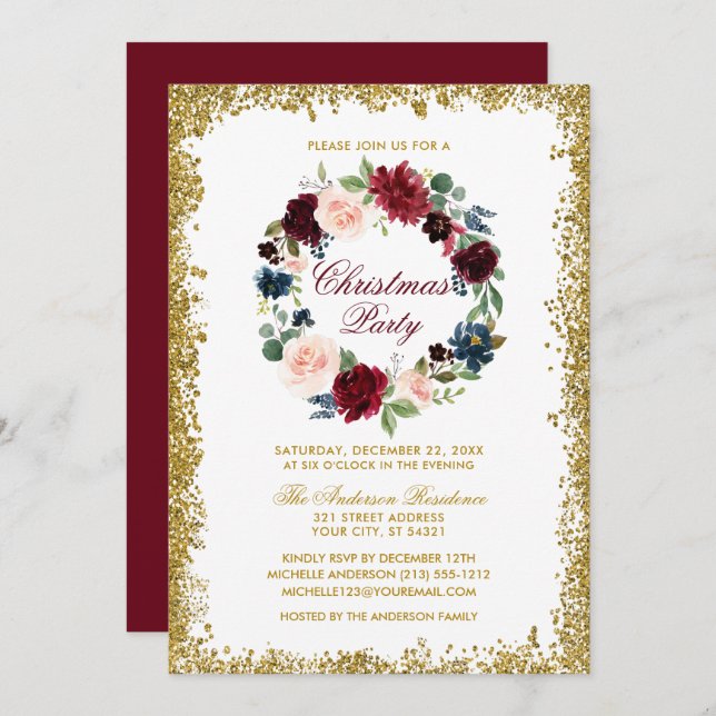 Christmas Party Gold Glitter Watercolor Floral Invitation (Front/Back)