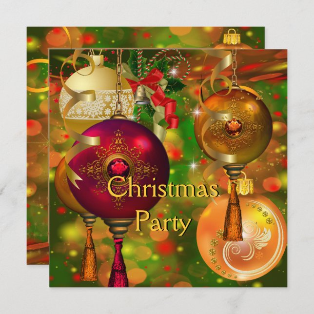 Christmas Party Gold Green Red Xmas Decorations Invitation (Front/Back)