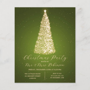 Christmas Party Gold Green Tree Sparkle Invite Flyer