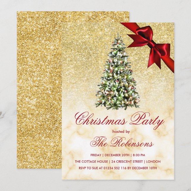 Christmas Party | Gold Marble Tree & Red Ribbon  Invitation (Front/Back)