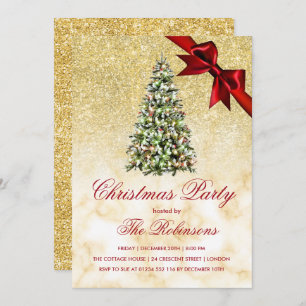 Christmas Party Gold Marble Tree & Red Ribbon Invitation