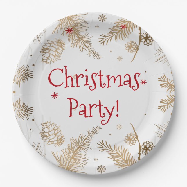 Christmas Party, Gold Pine Combs,  Paper Plate (Front)