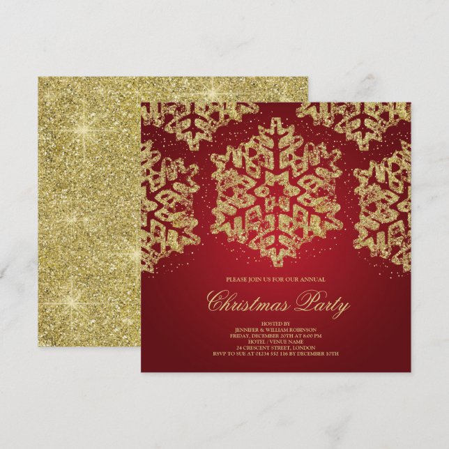 Christmas Party Gold & Red Glitter Elegant Invitation (Front/Back)