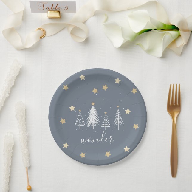 Christmas Party Gold Stars Blue Paper Plate (Wedding)