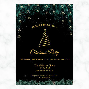 Christmas Party Gold Tree, Stars & Pine Branches Invitation