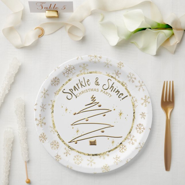 Christmas Party Gold White Sparkle and Shine Paper Plate (Wedding)
