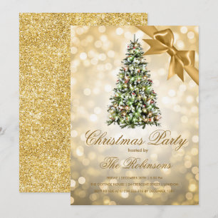 Christmas Party   Gold Xmas Tree Lights Ribbon Invitation