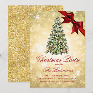 Christmas Party Gold Xmas Tree Ribbon Glitter Invitation