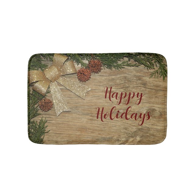Christmas Party Golden Green Leaves Red Rustic Bath Mat (Front)
