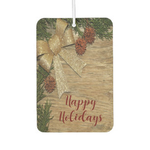 Christmas Party Golden Green Leaves Red Rustic Car Air Freshener