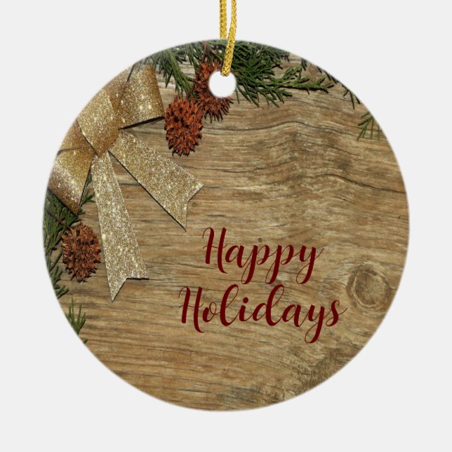 Christmas Party Golden Green Leaves Red Rustic Ceramic Tree Decoration (Front)