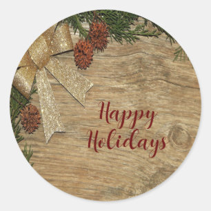 Christmas Party Golden Green Leaves Red Rustic Classic Round Sticker