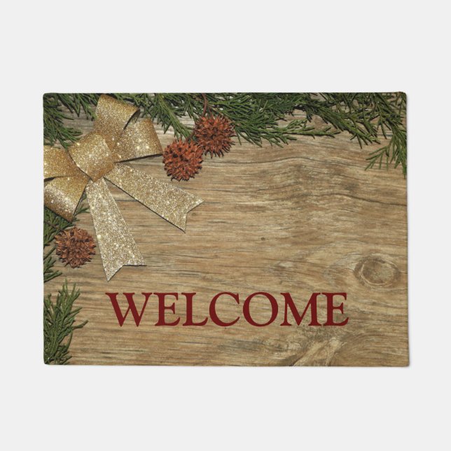Christmas Party Golden Green Leaves Red Rustic Doormat (Front)