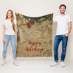 Christmas Party Golden Green Leaves Red Rustic Fleece Blanket