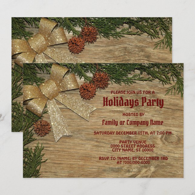 Christmas Party Golden Green Leaves Red Rustic Invitation (Front/Back)