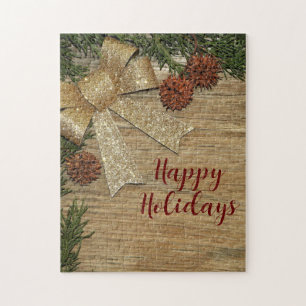 Christmas Party Golden Green Leaves Red Rustic Jigsaw Puzzle