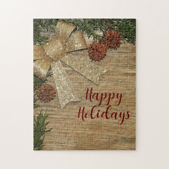 Christmas Party Golden Green Leaves Red Rustic Jigsaw Puzzle (Vertical)