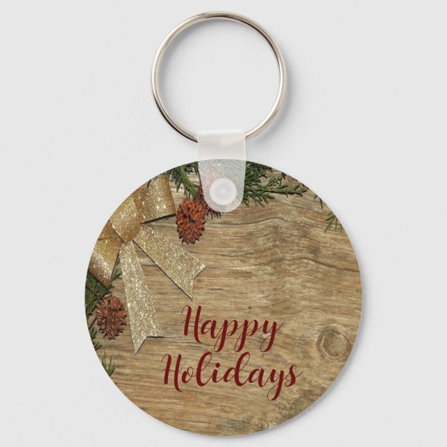 Christmas Party Golden Green Leaves Red Rustic Key Ring (Front)