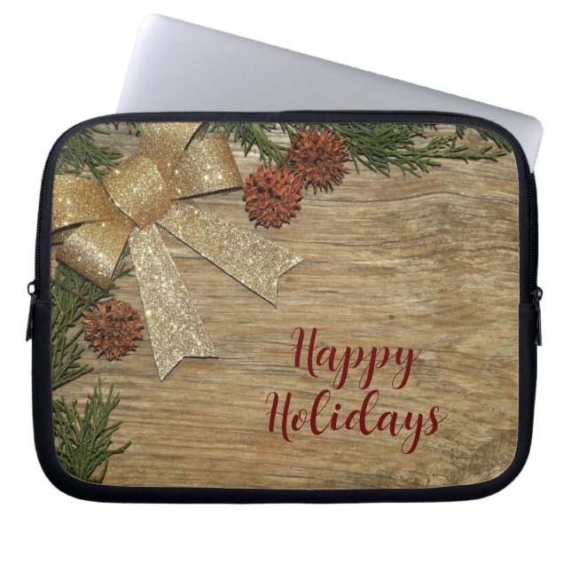 Christmas Party Golden Green Leaves Red Rustic Laptop Sleeve (Front)