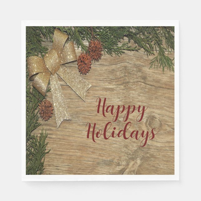 Christmas Party Golden Green Leaves Red Rustic Napkin (Front)
