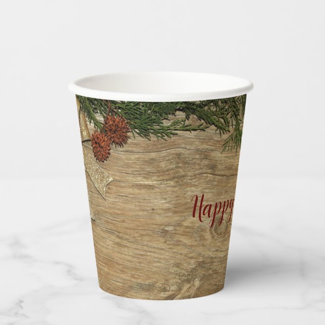 Christmas Party Golden Green Leaves Red Rustic Paper Cups (Front)