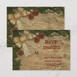 Christmas Party Golden Green Leaves Red Rustic RSVP Card
