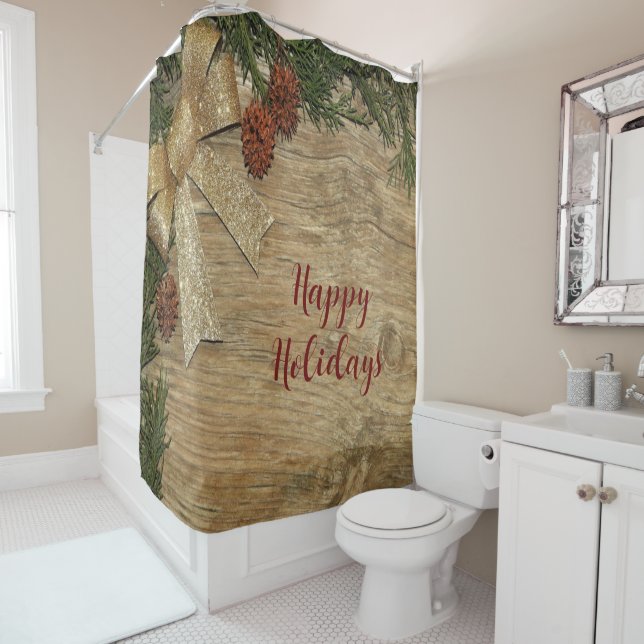 Christmas Party Golden Green Leaves Red Rustic Shower Curtain (In Situ)