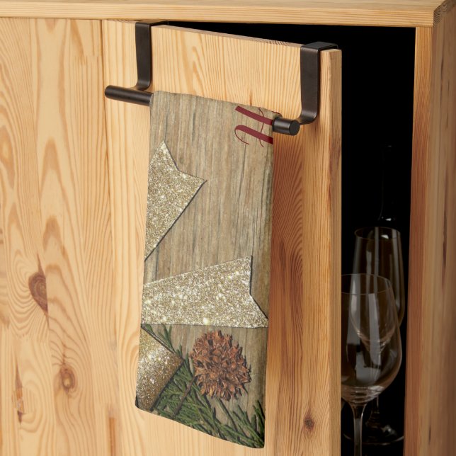 Christmas Party Golden Green Leaves Red Rustic Tea Towel (Thirds Fold)