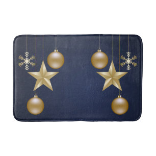 Christmas Party Golden Ornament Navy Blue Elegant Bath Mat