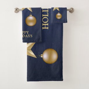 Christmas Party Golden Ornament Navy Blue Elegant Bath Towel Set