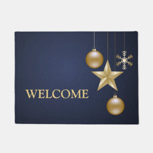 Christmas Party Golden Ornament Navy Blue Elegant Doormat