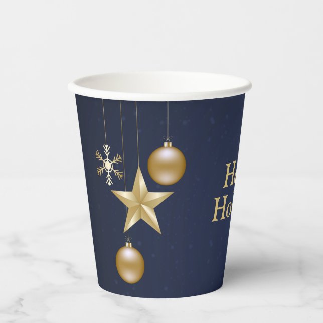Christmas Party Golden Ornament Navy Blue Elegant Paper Cups (Front)