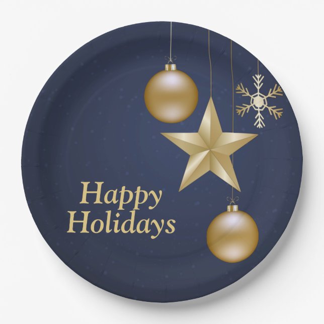Christmas Party Golden Ornament Navy Blue Elegant Paper Plate (Front)
