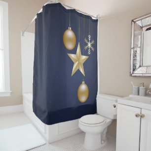 Christmas Party Golden Ornament Navy Blue Elegant Shower Curtain