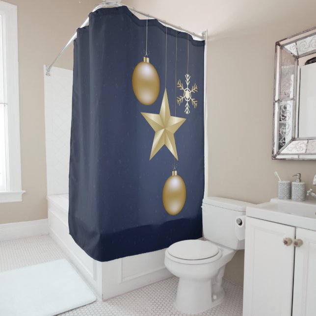 Christmas Party Golden Ornament Navy Blue Elegant Shower Curtain (In Situ)