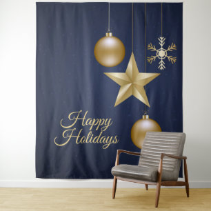Christmas Party Golden Ornament Navy Blue Elegant Tapestry