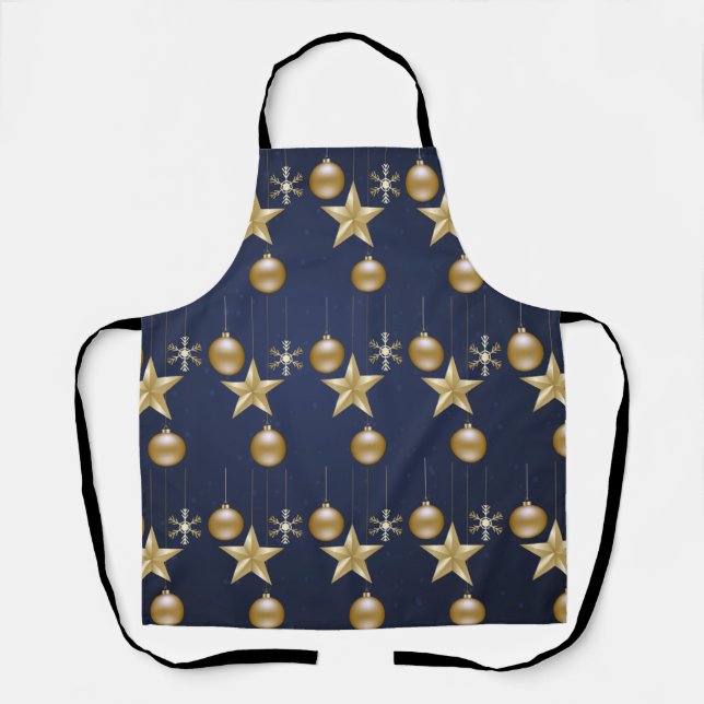 Christmas Party Golden Ornaments Navy Blue Elegant Apron (Front)