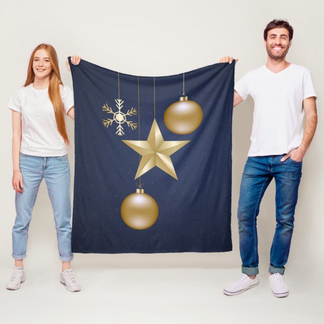 Christmas Party Golden Ornaments Navy Blue Elegant Fleece Blanket (In Situ)