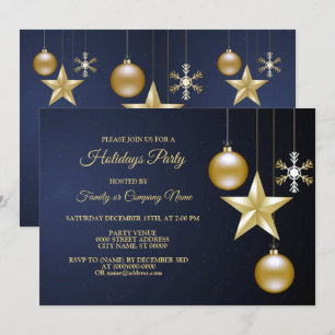 Christmas Party Golden Ornaments Navy Blue Elegant Invitation