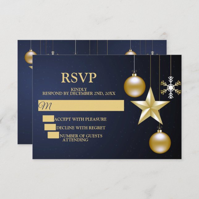 Christmas Party Golden Ornaments Navy Blue Elegant RSVP Card (Front/Back)