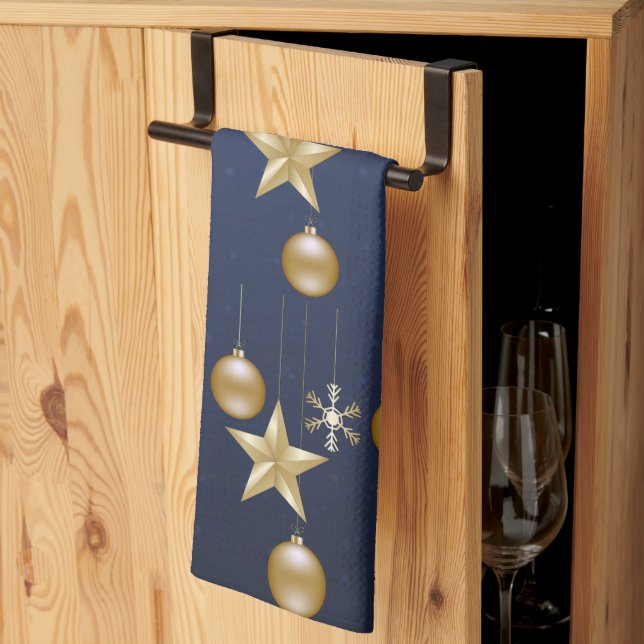 Christmas Party Golden Ornaments Navy Blue Elegant Tea Towel (Thirds Fold)