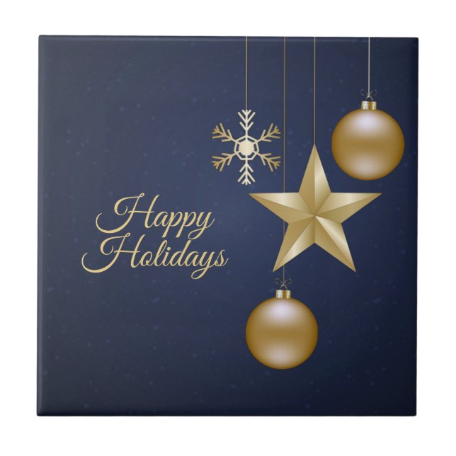 Christmas Party Golden Ornaments Navy Blue Elegant Tile (Front)