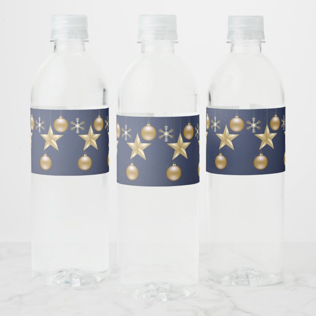 Christmas Party Golden Ornaments Navy Blue Elegant Water Bottle Label (Bottles)