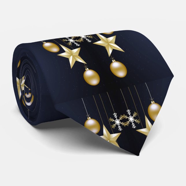 Christmas Party Golden Ornaments Navy Blue Tie (Rolled)