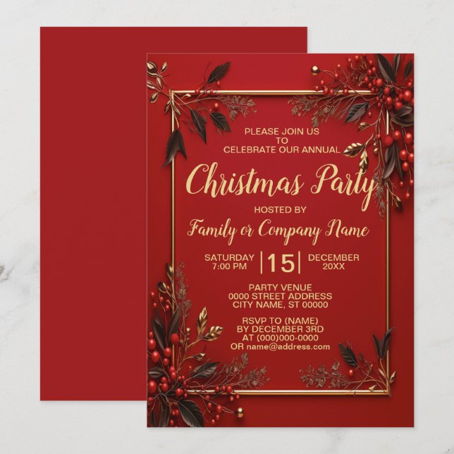 Christmas Party Golden Red Leaves Holidays Invitation (Front/Back)
