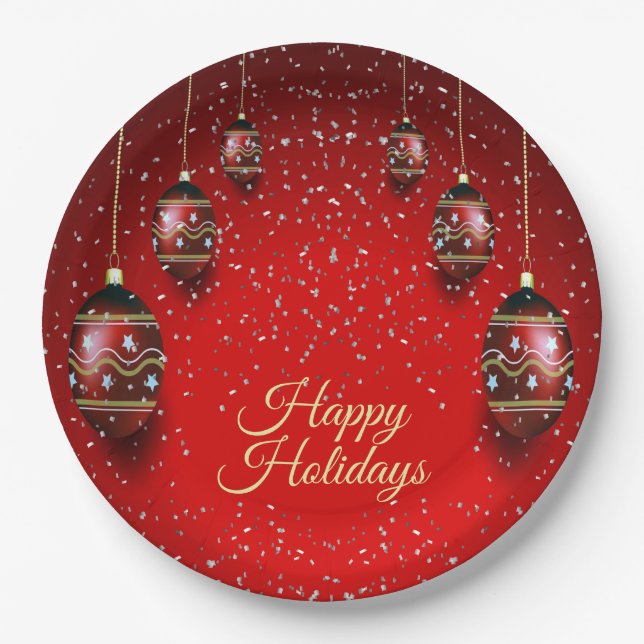 Christmas Party Golden Red Winter Holidays Elegant Paper Plate (Front)