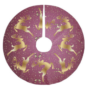 Christmas Party Golden Reindeers Red Pink Elegant Brushed Polyester Tree Skirt
