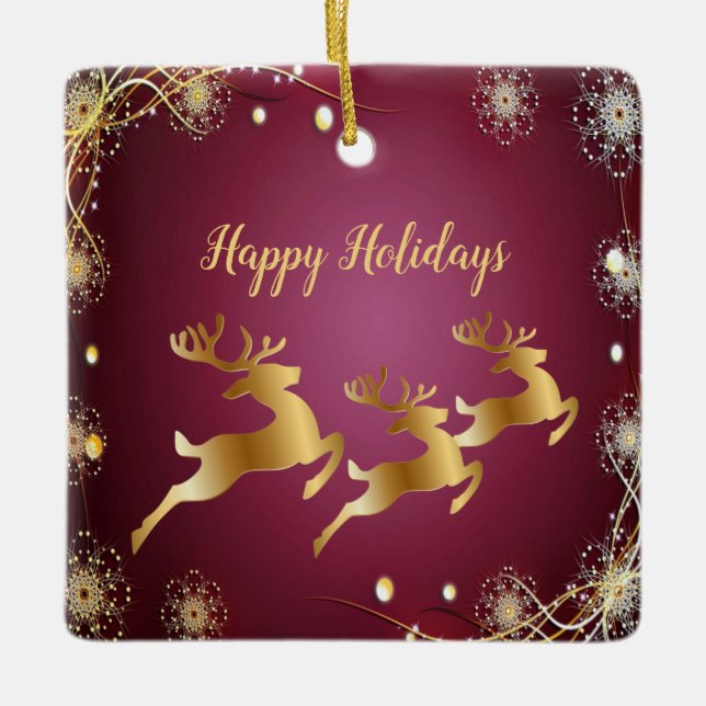 Christmas Party Golden Reindeers Red Pink Elegant Ceramic Ornament (Front)